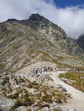 Łomnica in the Tatra Mountains, tourists on the trail under the summit
